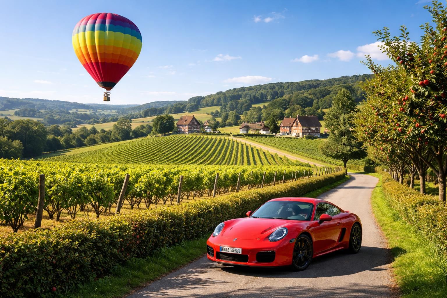 découvrez une expérience unique en normandie : survolez ses vignobles en montgolfière après un rallye inoubliable au volant d'une porsche cayman.